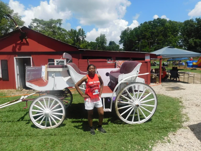 A young guest poses beside the white horse-drawn carriage