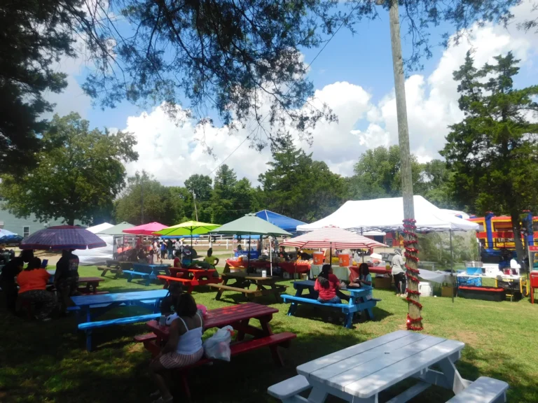 Families eat at brightly painted picnic tables under the shade trees