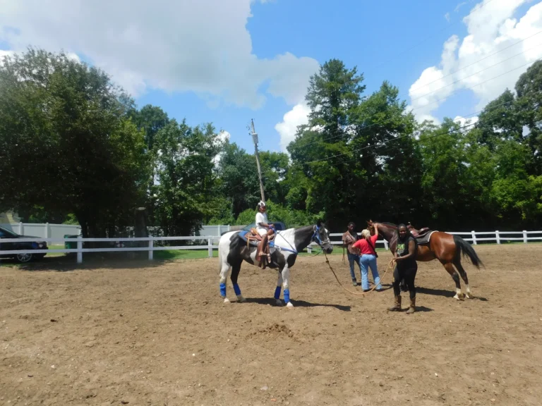 Volunteers lead horses across the sandy riding ring