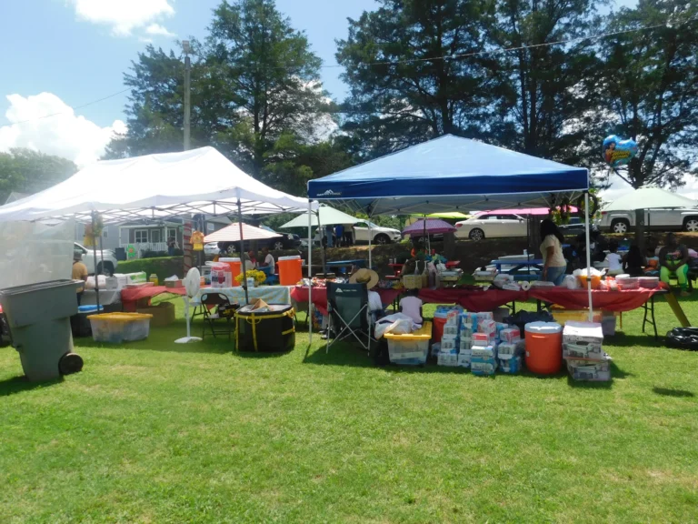 Vendor canopies line the grass with school supplies ready for families