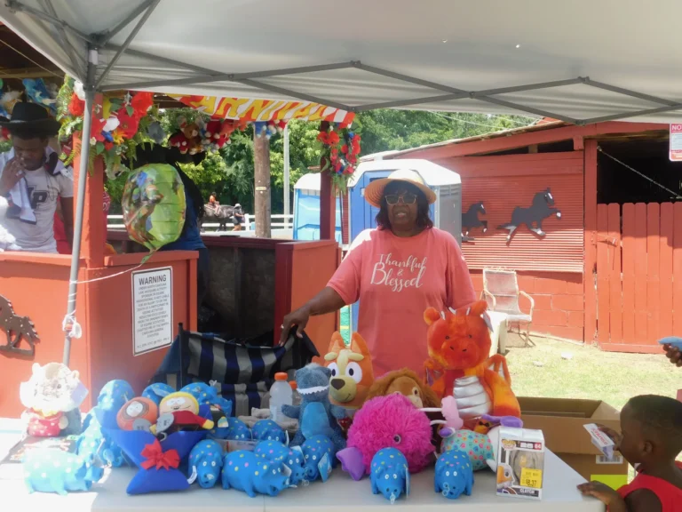 A volunteer stands behind a table filled with stuffed animal prizes