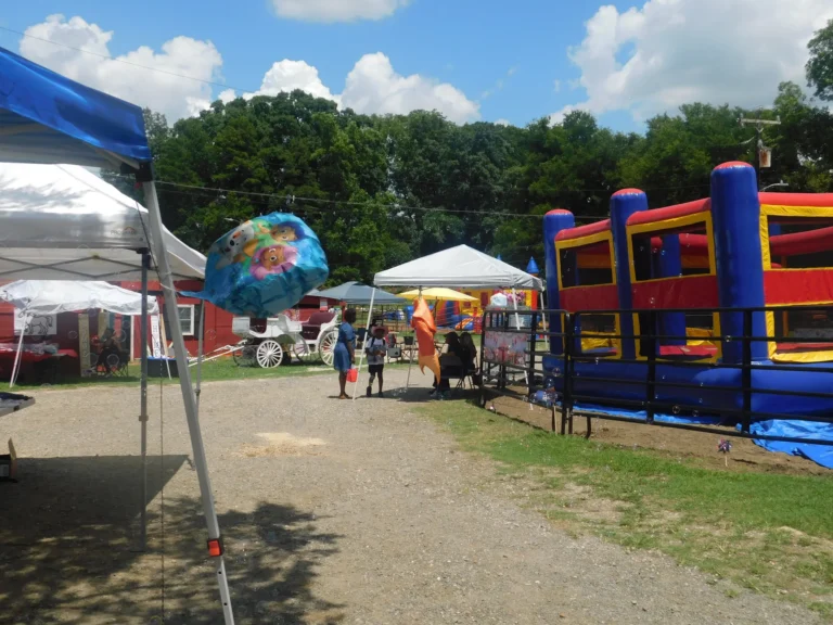 The bounce house and canopies seen from across the field