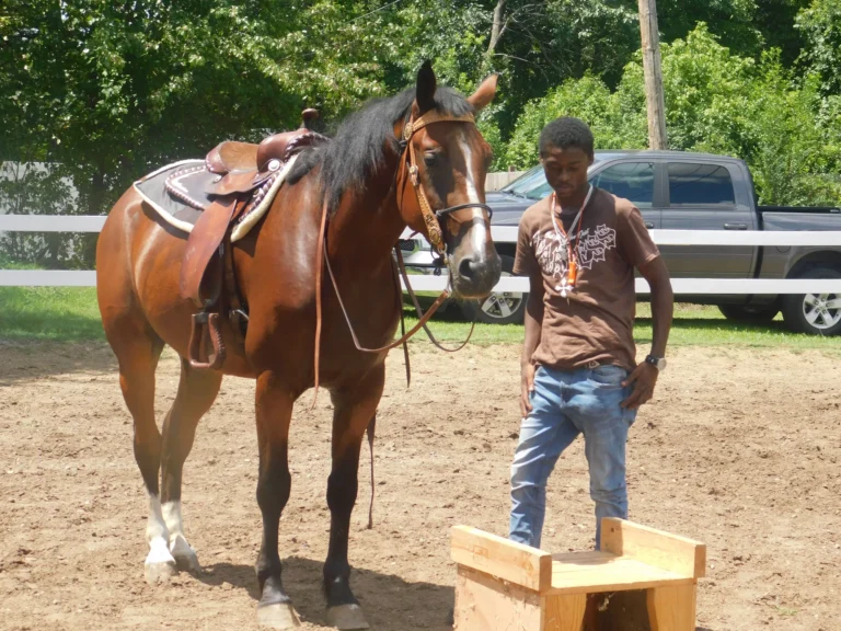 A handler stands with a saddled horse beside the mounting block