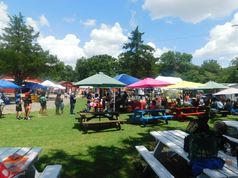 Families fill the picnic area under colorful umbrellas