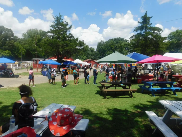 Guests rest at picnic tables as the carnival carries on