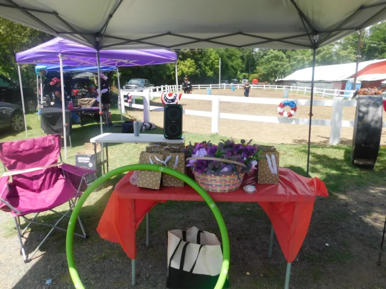 Gift baskets and hula hoops set out at a prize table