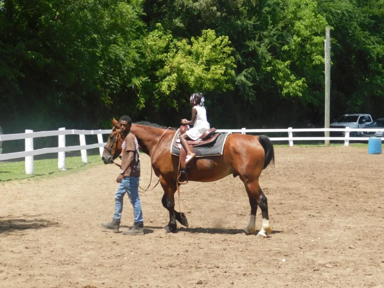 A child takes a pony ride around the riding ring